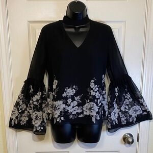 White House Black Market Chic Sheer Black Floral Blouse—bell sleeves/choker neck